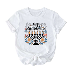 Happy Hanukkah T-Shirt with Candlestick, Peace Dove, and Olive Branch