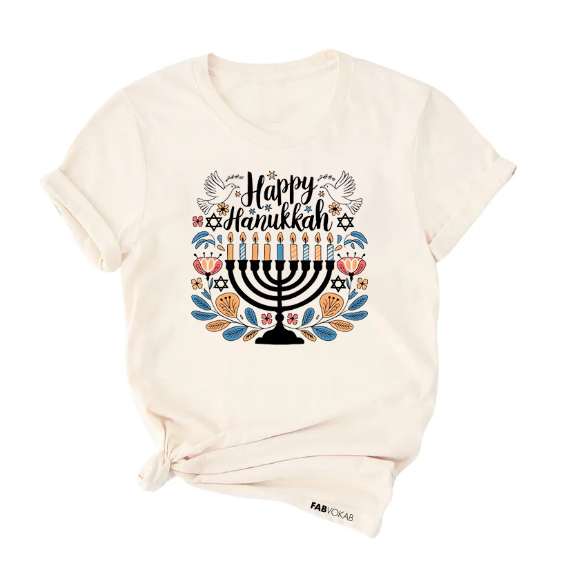 Happy Hanukkah T-Shirt with Candlestick, Peace Dove, and Olive Branch