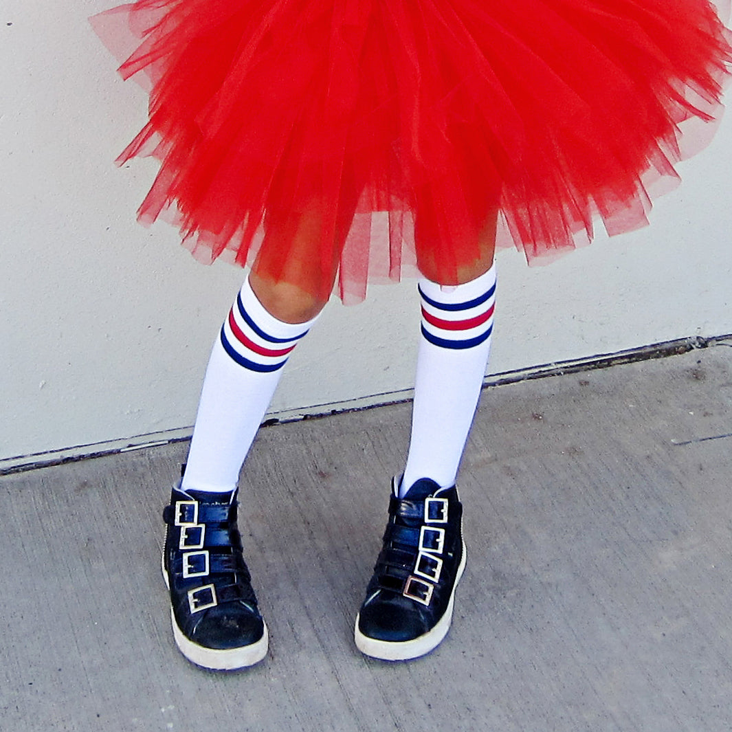 GIRLS KNEE HIGH WHITE WITH BLUE AND RED STRIPES SOCKS