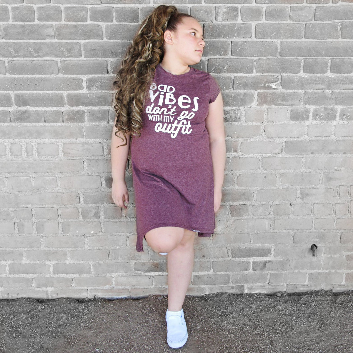 BAD VIBES DON'T GO WITH MY OUTFIT GIRLS BURGUNDY HEM DRESS